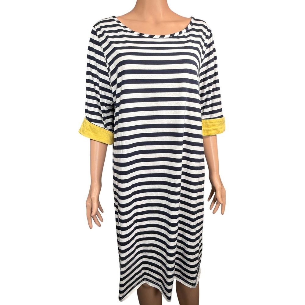 Nouveaux Women XL Striped T-Shirt Dress Navy White Yellow Contrast Cuff Cotton